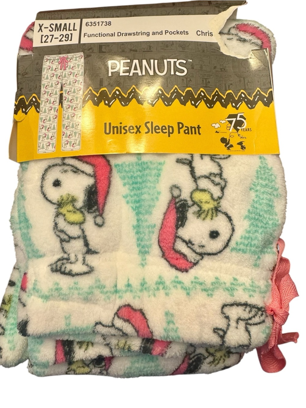 Peanuts White Snoopy & Woodstock Holiday Sleep Pants with Pink Accents XS